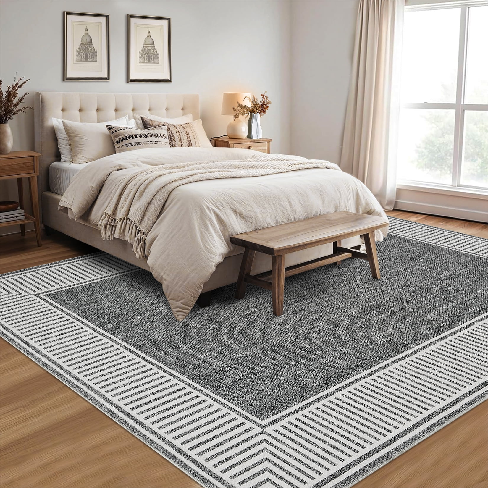 Garvee Indoor Bordered Area Rug, 8'x10' Modern Non Slip Rubber Backing Washable Rug Low Pile Striped Rugs Carpet for Bedroom Living Room Nursery Office, Gray