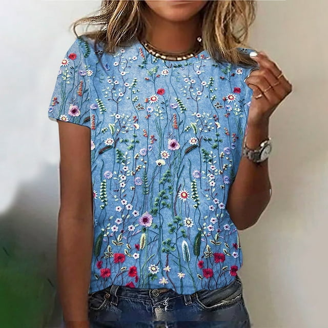 SMihono Hauts pour Femmes Été Chic Décontracté Mode Féminine T-shirt Imprimé Manches Courtes Blouse Col Rond Hauts Décontractés T-shirt Oversize pour Femmes 2023