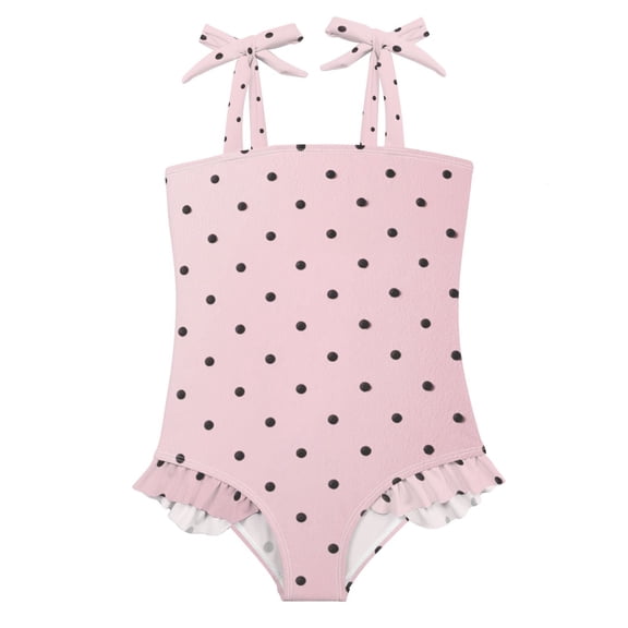 Girls' One-Piece Swimwear Bowknot Strap Swimsuit,Black Dot Pattern Printed Teen Swimwear for Resort Beach Water Park 18M