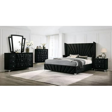 Transitional Black Solid Wood King Bedroom Set 5pcs FOA CM7164BK Carissa