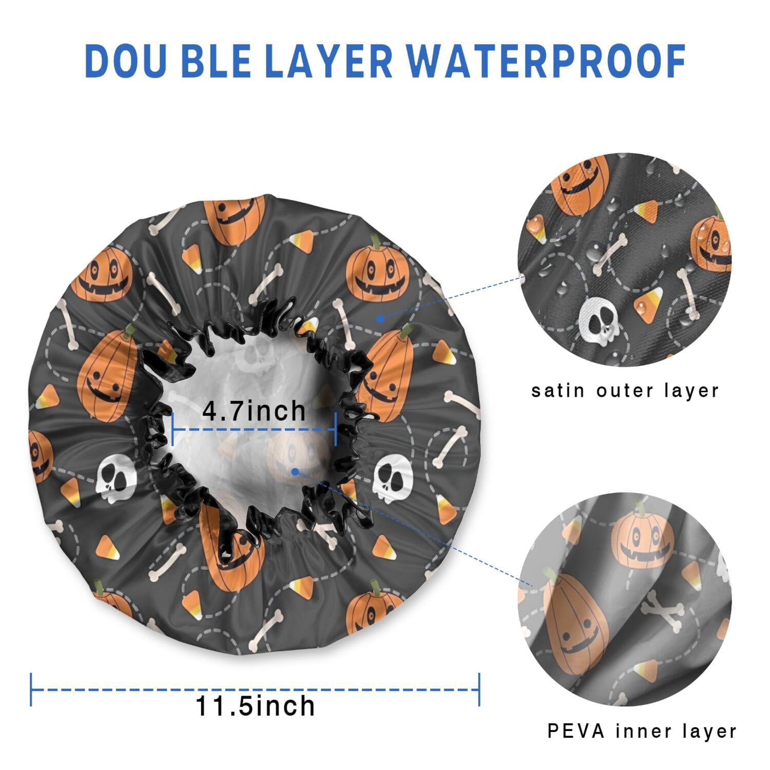 Shower Caps,Gray Halloween Pumpkins Skulls and Bones Waterproof Shower Cap for Women 4 Pieces,Double Reusable Hair Cover for Shower PEVA Elastic Stretch Hem