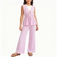 thumbnail image 2 of FRSASU Girl's Summer Striped 2 Piece Set Casual Bow Tie Vest and Wide Leg Linen Pants Matching Set Beach Vacation Outfits Pink, 2 of 6