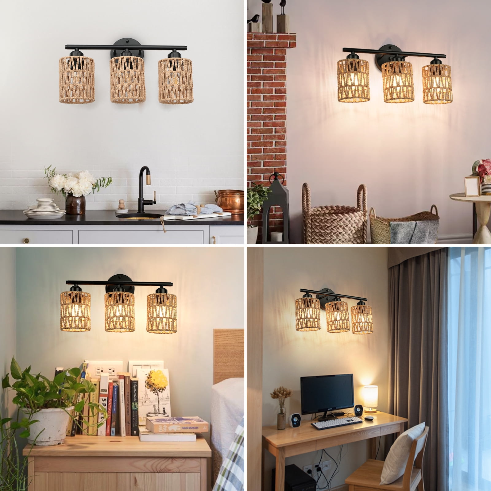 FRIDEKO HOME 3-Light Bathroom Light Fixtures Vanity Lights Over Mirror, 17" Boho Wall Sconces with Woven Lampshade, Farmhouse Black Wall Lamp for Farmhouse Living Room Bedroom (Without Bulb)