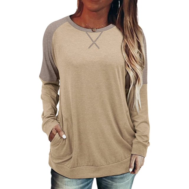Womens Tops Color Block Pullover Long Sleeve T Shirts with Pockets Crew Neck Tunic Blouse