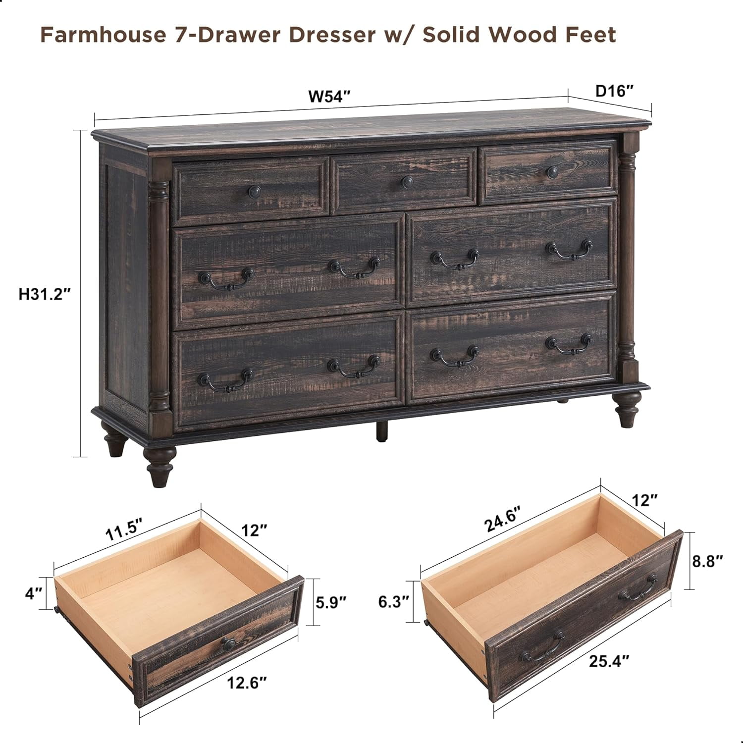 OKD Farmhouse 7 Drawers Dresser Chests for Bedroom, 54" Wide Wood Rustic Tall Chest of Drawers with Solid Wood Feet for Living Room, Dark Rustic Oak