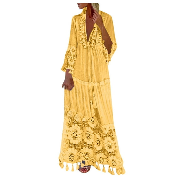 Honeeladyy Summer Sales Women's Tassel Trim Plus Size Dress Lace Pattern Splicing Bohemian Dress Holiday Beachwear Casual Half Sleeve Maxi Dresses Yellow