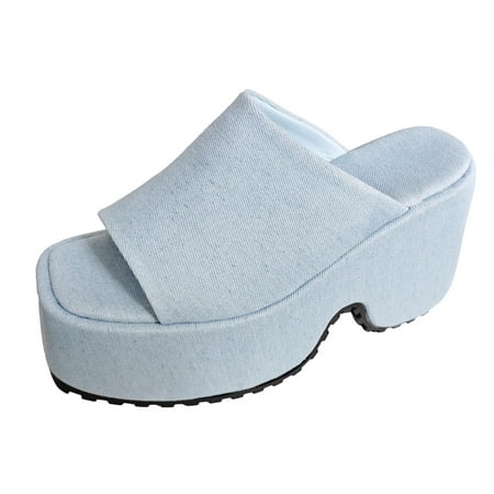 

Daznico Womens Sandals Women Summer Solid Slip On Denim Casual Open Toe Wedges Comfortable Beach Sandals ( Light Blue 9 )