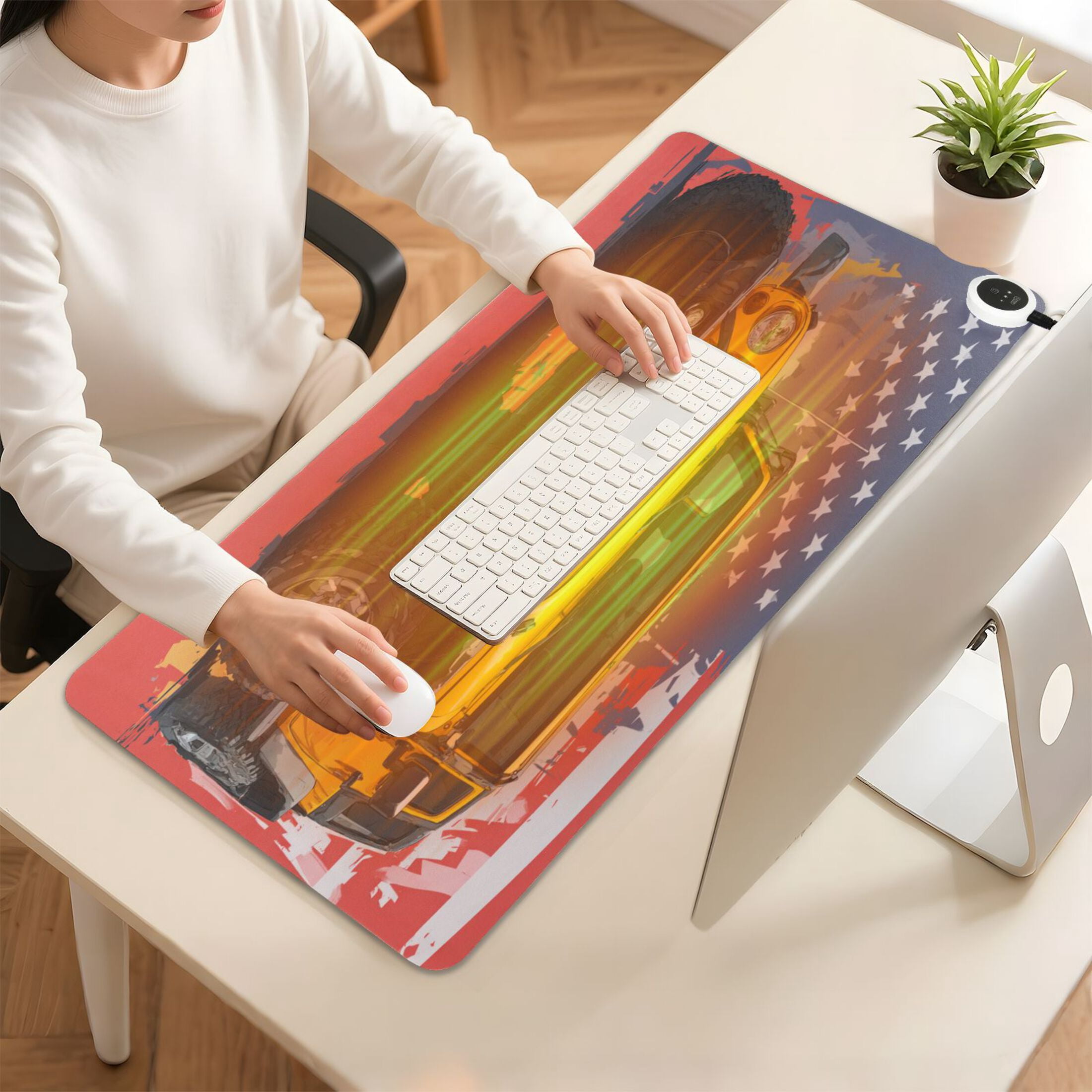 Large Heated Desk Mat Mouse Pad 31.5"x13"PU Leather Graphene Heating Desk Warmer with 3 Temperature Settings 110V US Plug Non-Slip Warm Pad for Home, Office, and Gaming Yellow Jeep Car Pattern