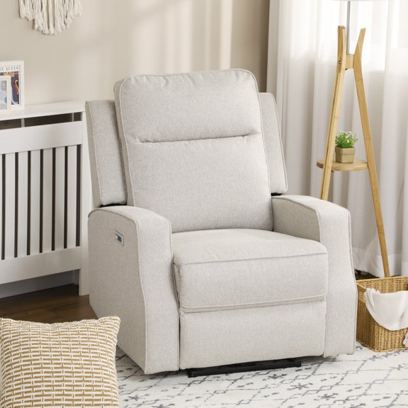 HOMCOM Electric Power Recliner Armchair with USB Charging Station, Sofa Recliner with Linen Upholstered Seat and Retractable Footrest, Cream White