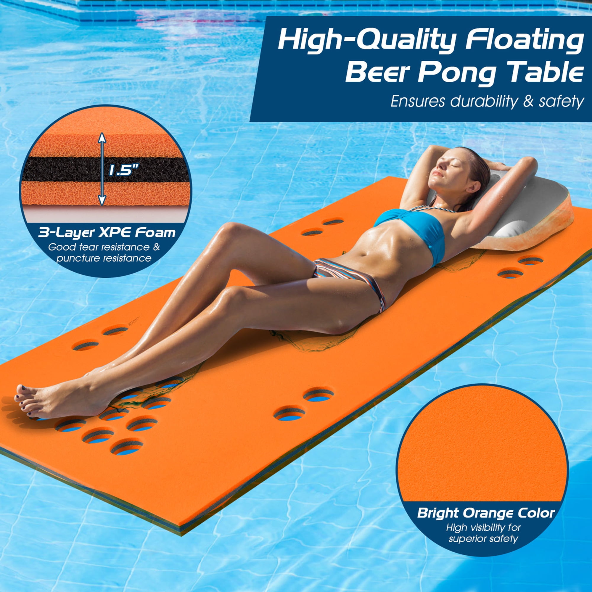 Gymax 3-Layer XPE Foam Floating Beer Pong Table Floating Game Table Water Mat Orange