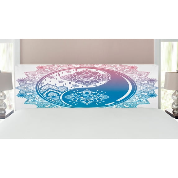 Ying Yang Headboard, Mandala Round Ombre Pattern with Yin Yang Third Eye Cultural Art, Upholstered Decorative Metal Bed Headboard with Memory Foam, King Size, Pink Blue, by Ambesonne