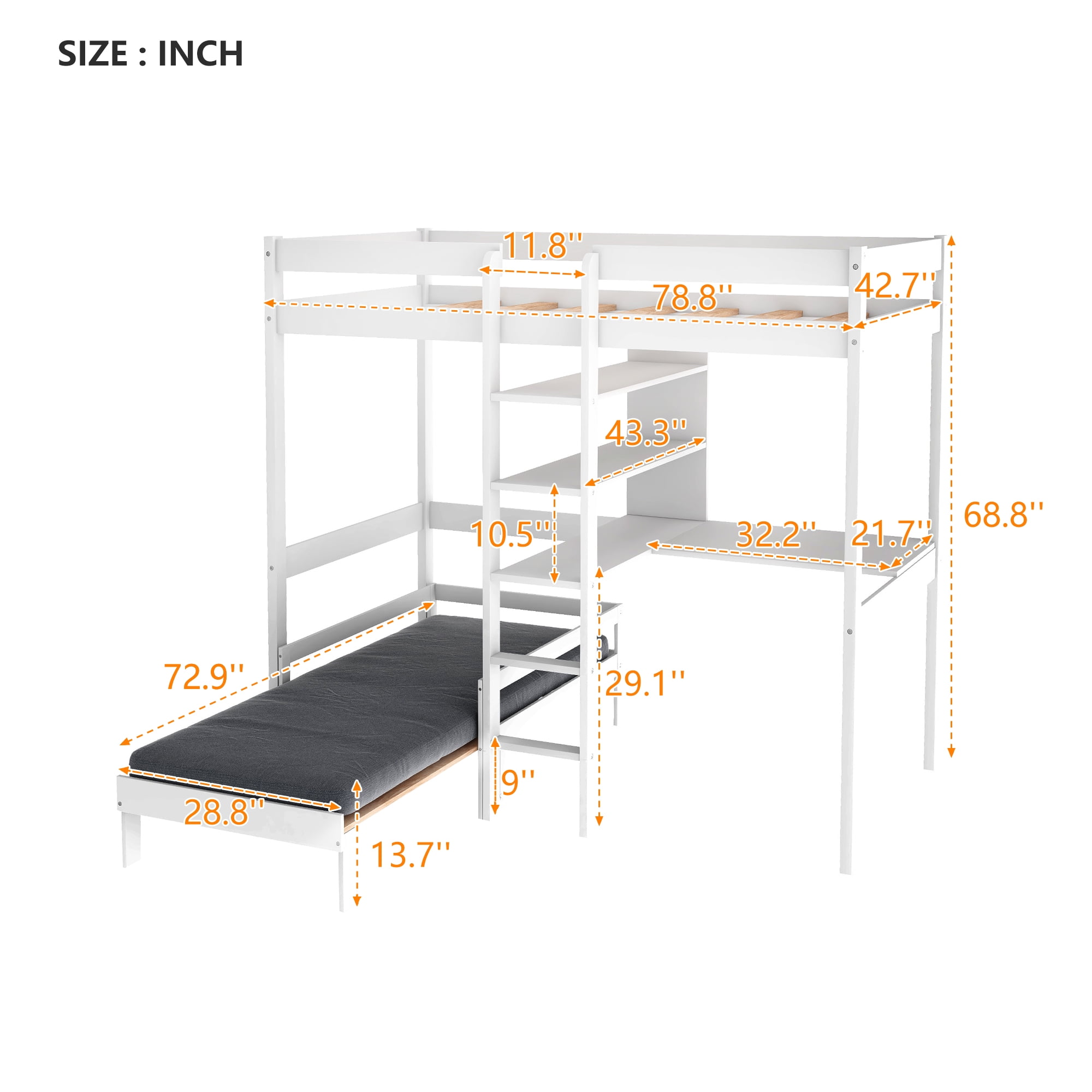 Private Jungle Twin Over Full Wood Folding Loft Bunk Bed w/Corner Desk, Convertible to Square Seat