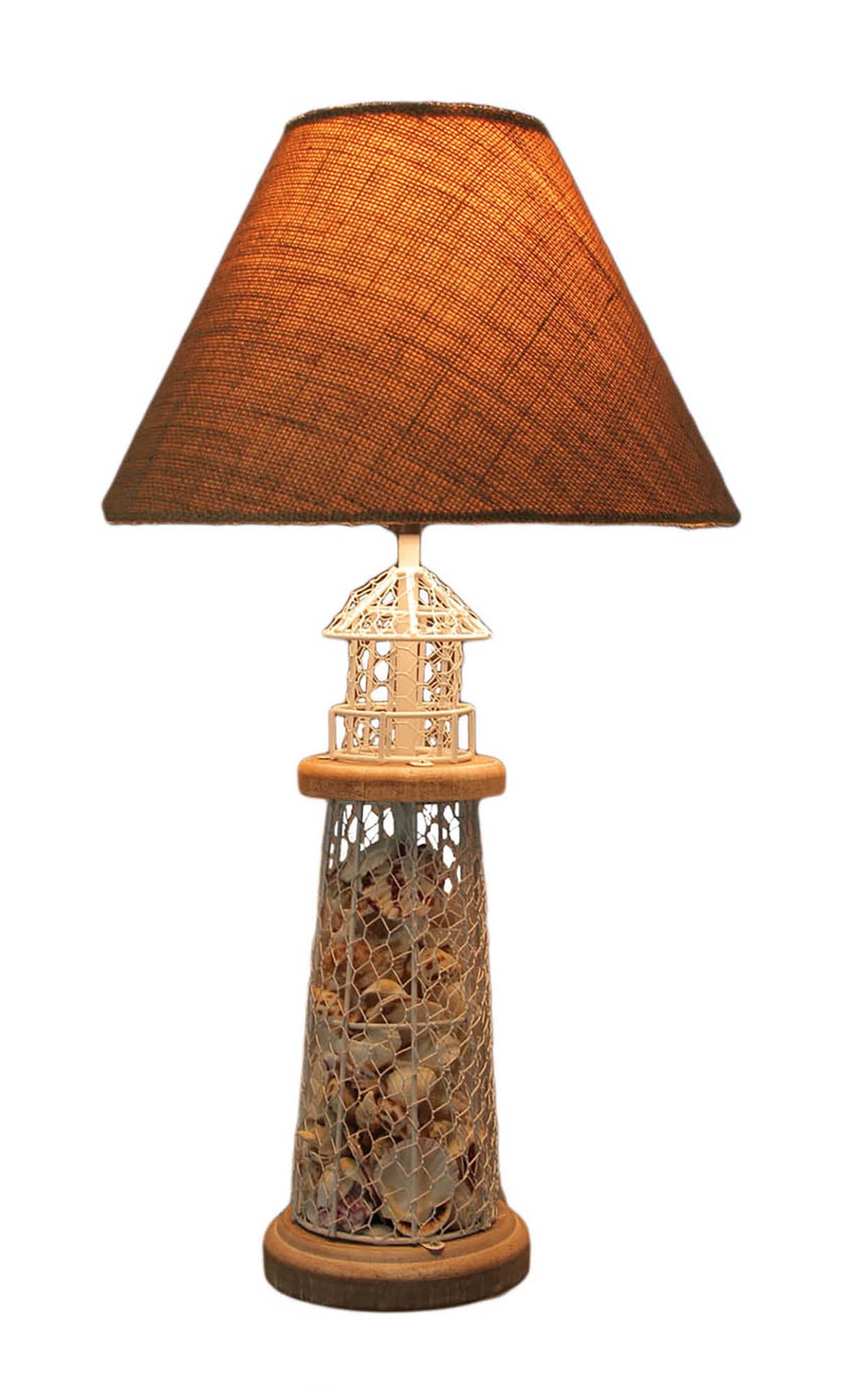 White and Grey Metal Real Seashell Filled Lighthouse Table Lamp with