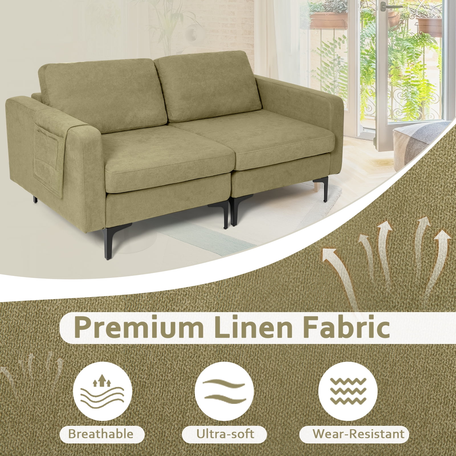 Costway Modern Loveseat Linen Fabric 2-Seat Sofa Couch w/ Side Storage Pocket Green