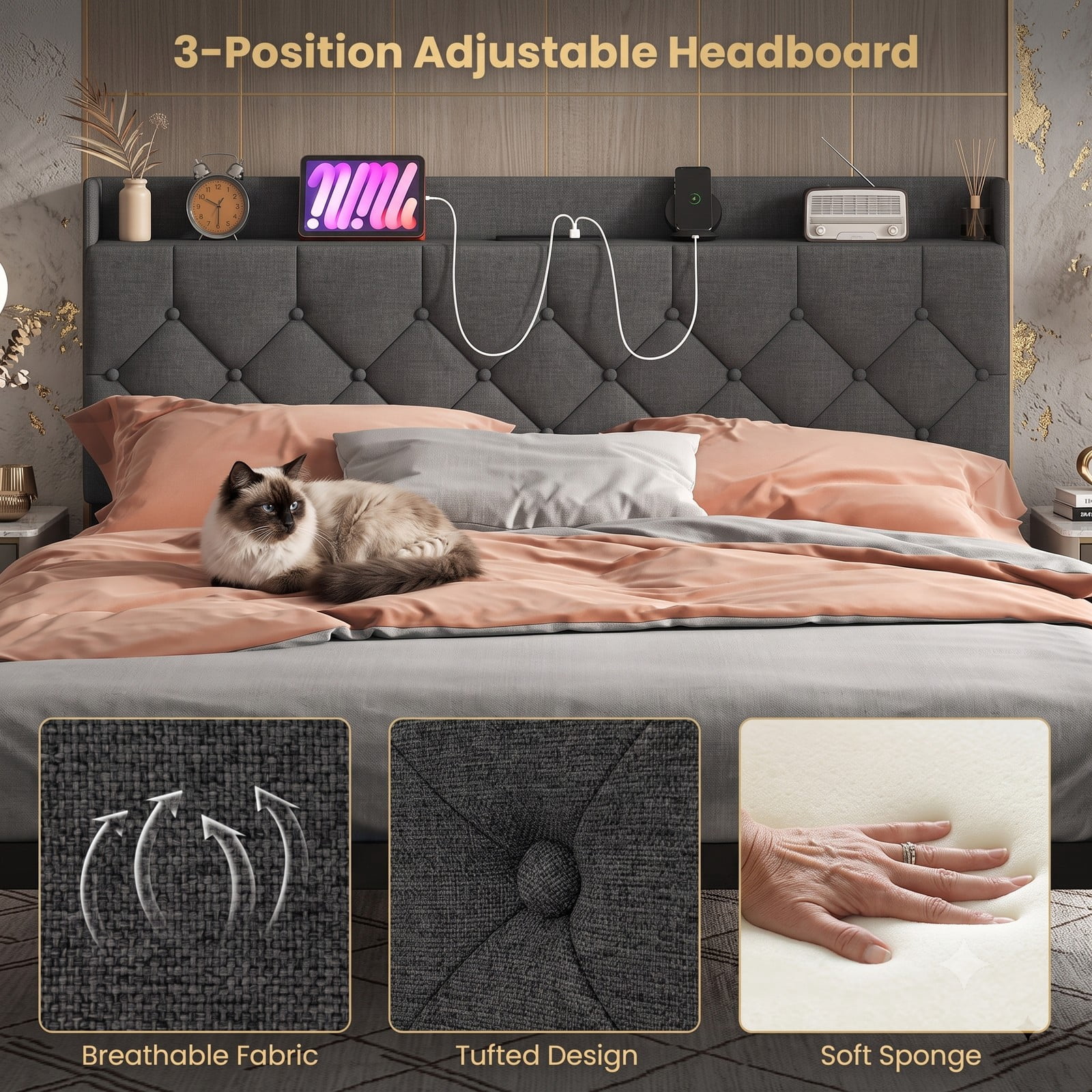 Furnibear Queen Size Bed Frame Upholstered Floating Platform Bed with LED Lights, Storage Headboard and Charging Station, Gray