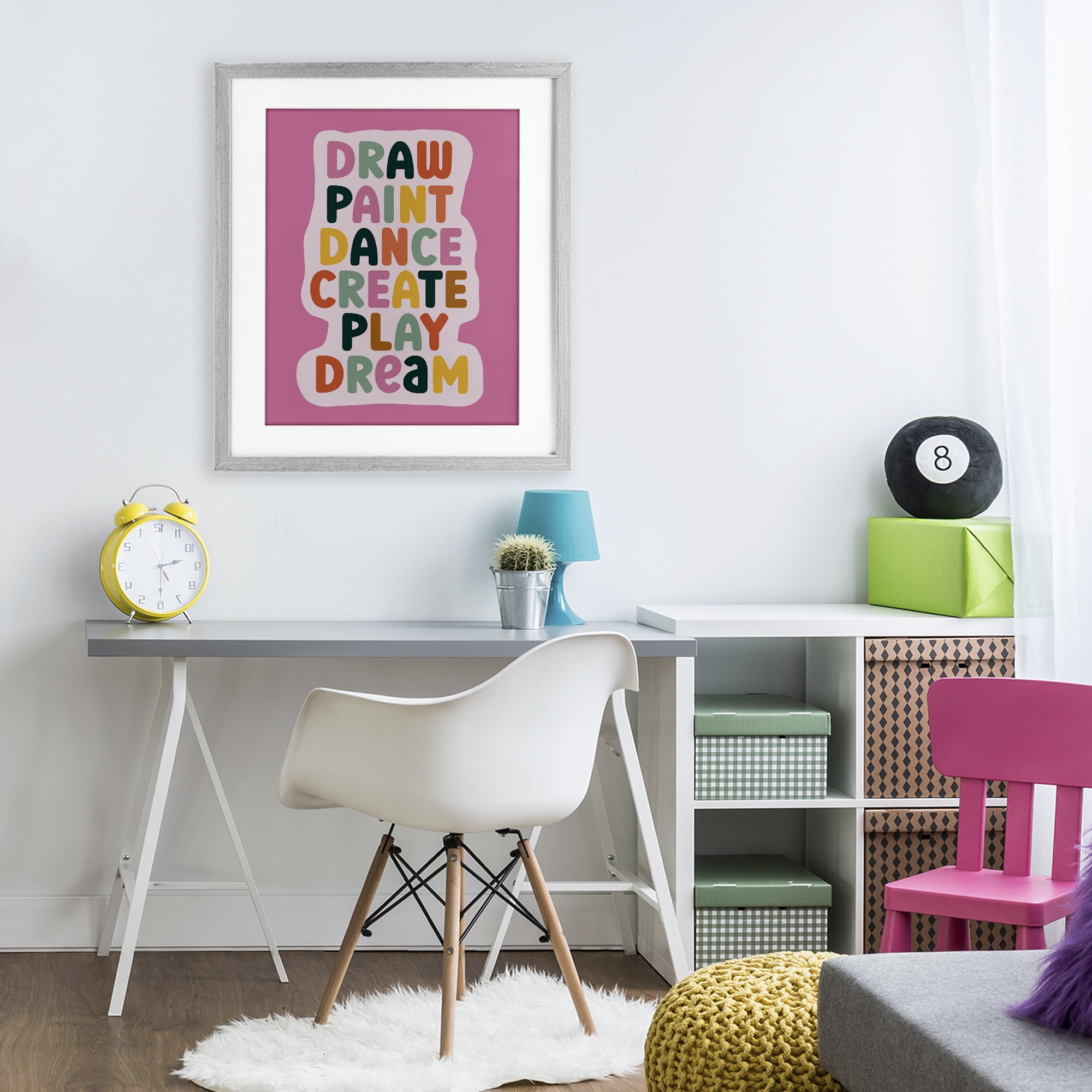 Draw Paint Dance Create Gray Framed Print Under Glass, design by Julia Frost