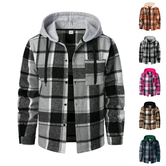 OIOLOYJM Mens Jacket Cotton Flannel Sherpa Lined Plaid Zip Up Soft Warm Shirt Jacket Winter Casual Outdoor Comfortable Work Hooded Coat Gray L