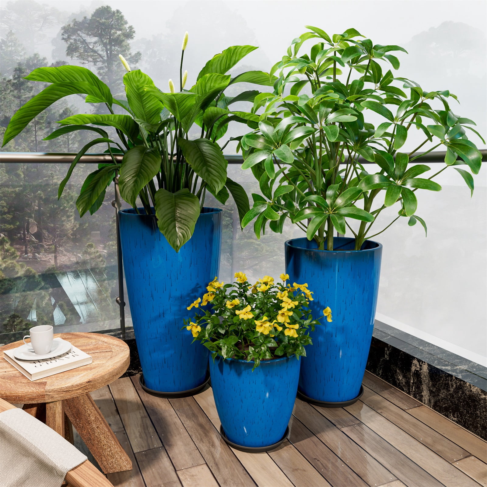 24,21,10 inch Large Planter for Indoor & Outdoor Plants, Set of 3, Sturdy Plant Flower Pots Modern Decor for Front Porch Patio,Blue