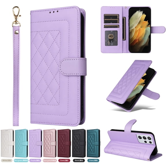 JTCASES Compatible with Samsung Galaxy S21 Ultra 5G 6.8 inch Case Wallet Flip Folio Case [Kickstand] with RFID Blocking Card Holders [Shockproof] and Wrist Strap Cover for Men Women Girls, Purple