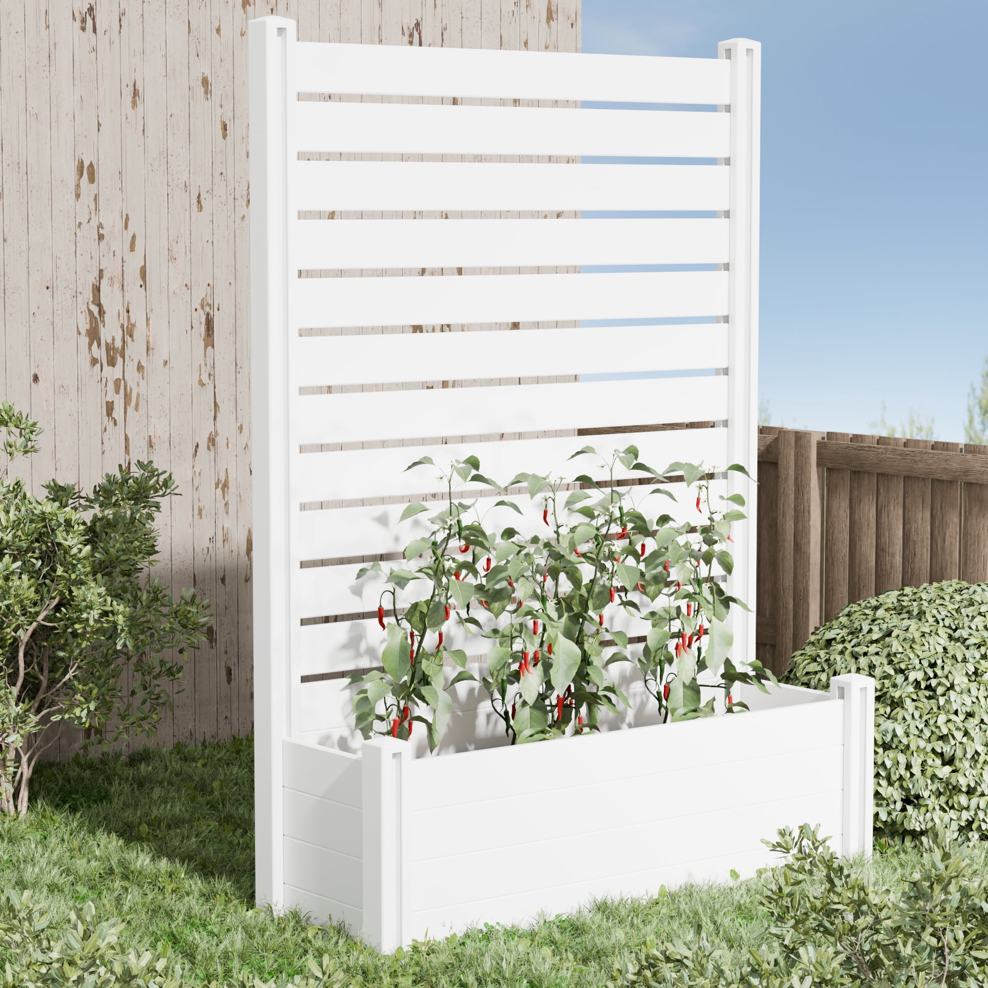 MAYEERTY 2-Piece Outdoor White PVC Rectangular Planter Box with Trellis for Climbing Plants, Raised Garden Bed
