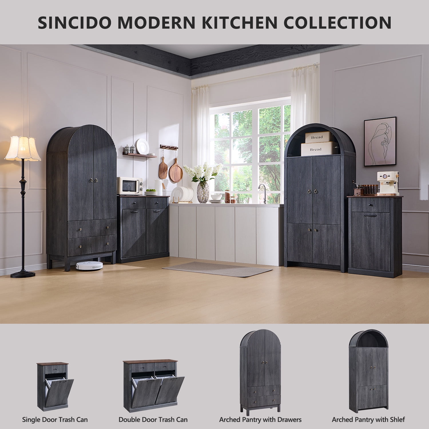 20 Gallon Tilt-Out Trash Can Cabinet, Modern Laundry Hamper Cabinet with Drawers, Hidden Garbage Can Cabinet for Kitchen and Living Room