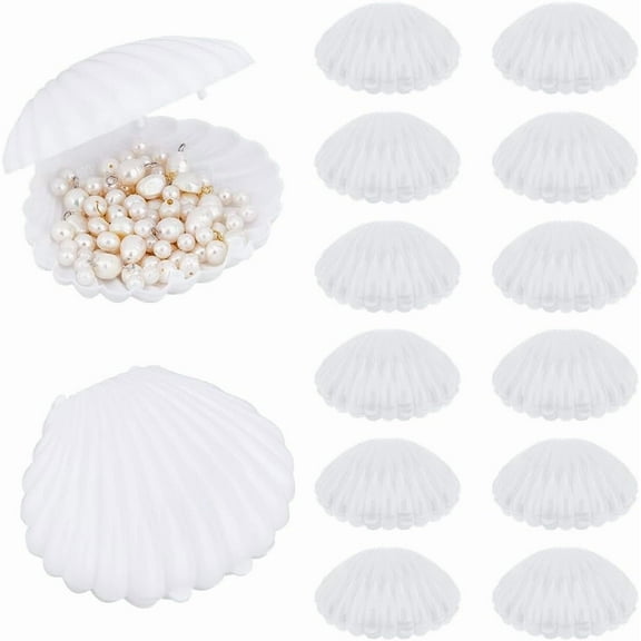 12Pcs Seashell Candy Boxes 3.5" Plastic Sea Shells Storage Case Shell Shape Jewelry Box Sea Shells Boxes Ring Holder Decorative Box for DIY Jewelry Home (White)