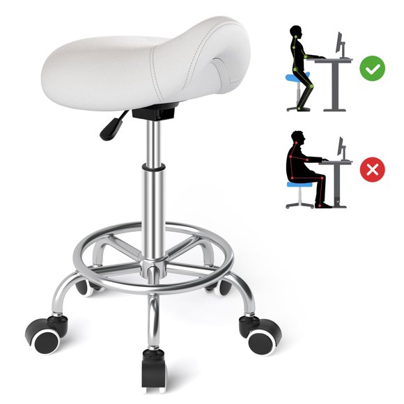 YEEZEE Taburete de sillín ergonómico: cómodo taburete con ruedas con acolchado ancho y grueso, silla de sillín giratoria ajustable con ruedas y pedal de anillo para salón de masaje médico (blanco clás