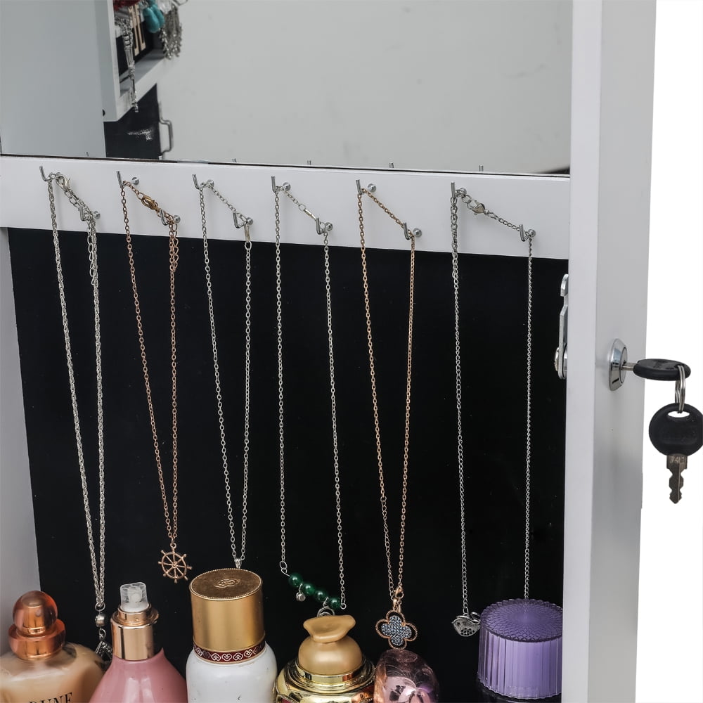 Lowestbest Jewelry Mirror Cabinet, Full Mirror Wooden Wall Hanging 4-Layer Shelf 2 Drawer with Inner Mirror 3-Color LED Light- White Lowestbest Jewelry Mirror Cabinet, Full Mirror Wooden Wall Hanging 4-Layer Shelf 2 Drawer with Inner Mirror 3-Color LED Light- White