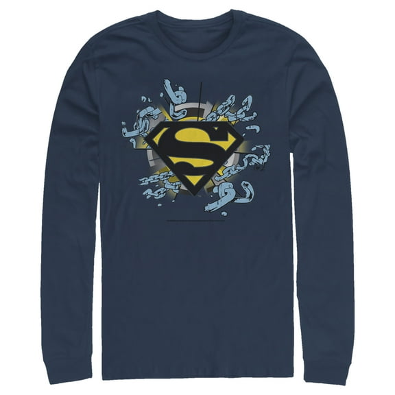 Men's Superman Logo Broken Chain  Long Sleeve Shirt Navy Blue Medium