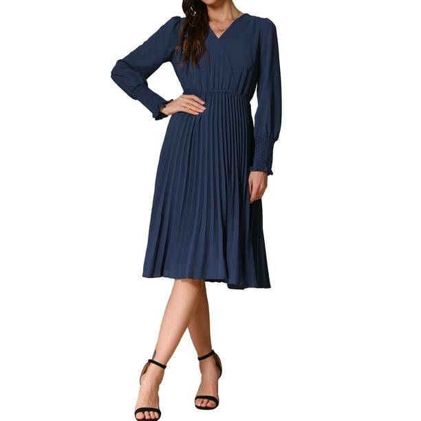 Vestidos V con mangas abullonadas plisadas Inspire Chic para mujer, vestido midi elegante y casual, talla XL, azul oscuro