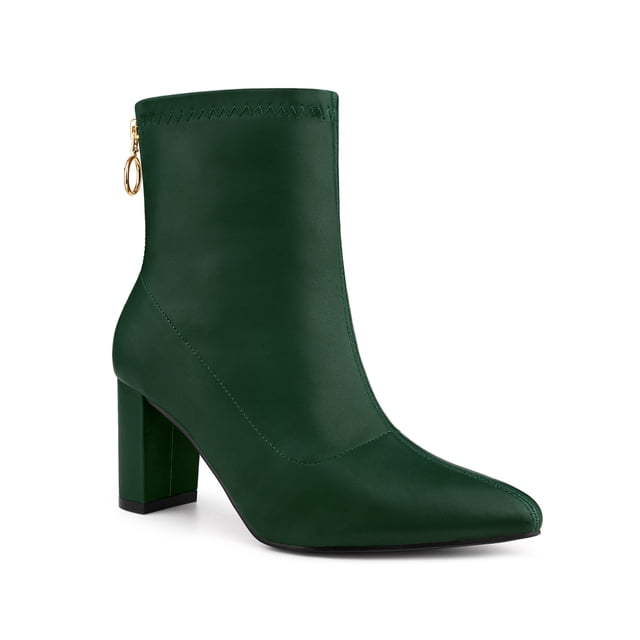 Unique Bargains Women's Pointy Toe Back Zip Block Heel Ankle Boots Green (Size 9)