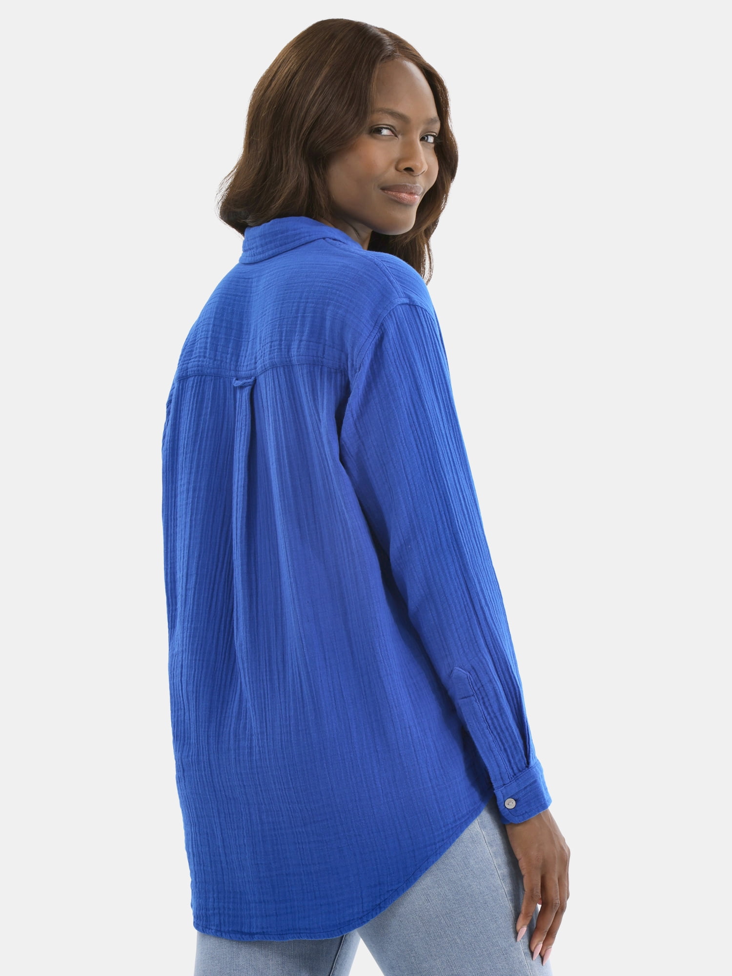 Time and Tru Women's Double Cloth Cotton Shirt with Long Sleeves, Sizes XS-XXXL