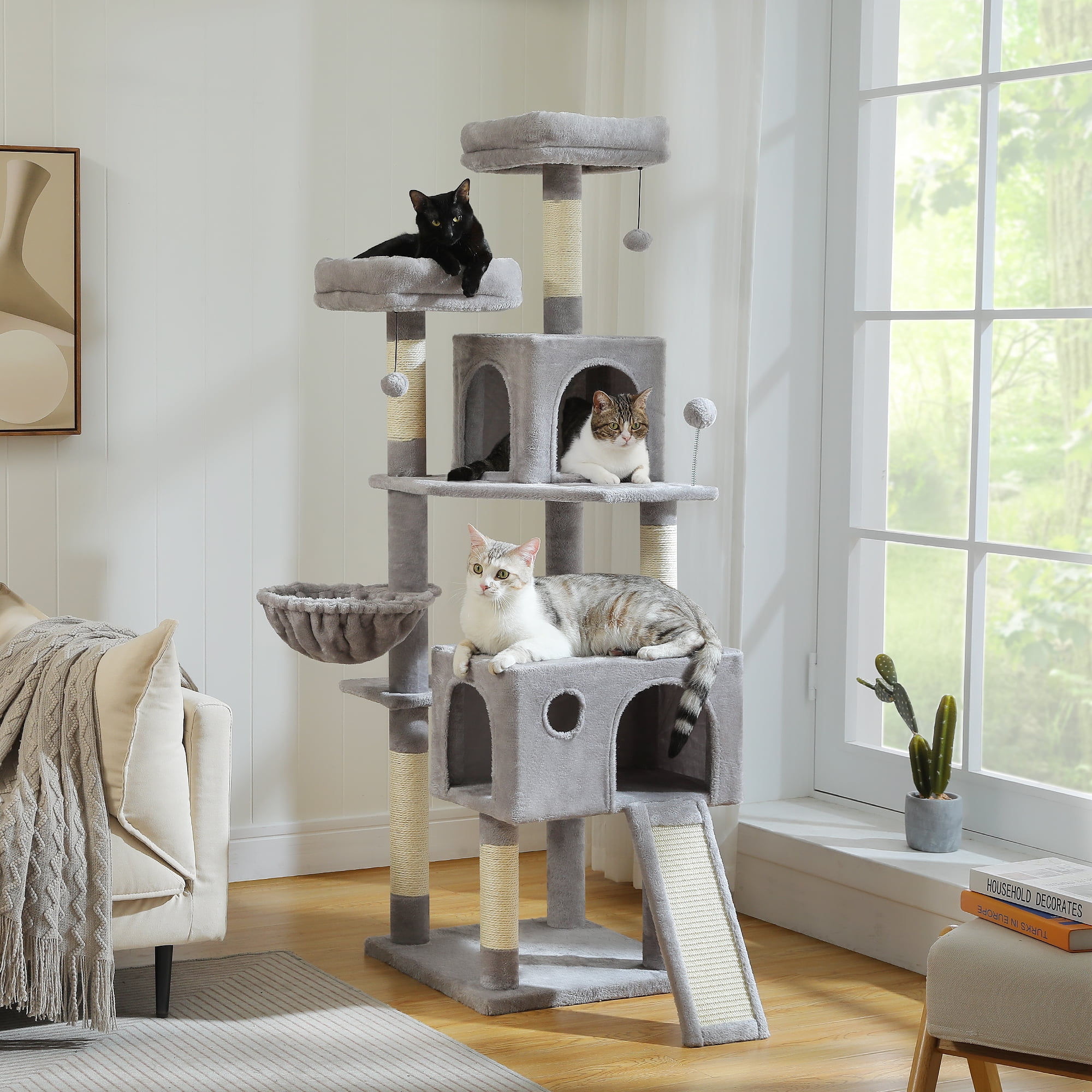 PAWZ Road 64" Cat Tree Large Cat Tower Multi-Level Cat Scratching Post Tower, Gray