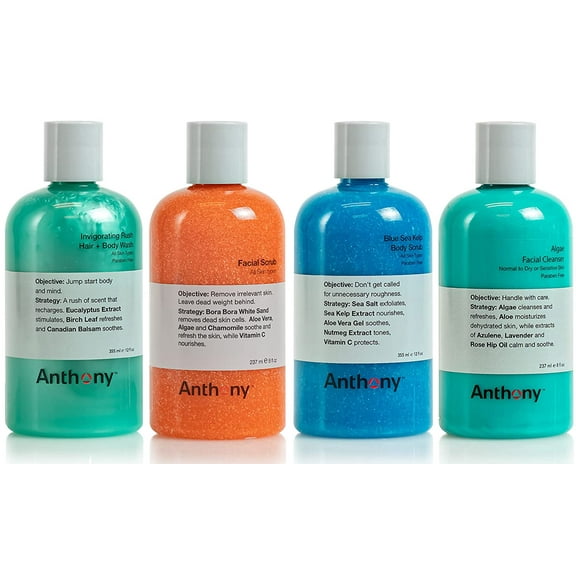 Anthony Algae Facial Cleanser, 8 Fl Oz, and Anthony Facial Scrub, 8 Fl Oz, Anthony Blue Sea Kelp Body Scrub, 12 Fl Oz, and Anthony Invigorating Rush Hair and Body Wash, 12 Fl Oz.