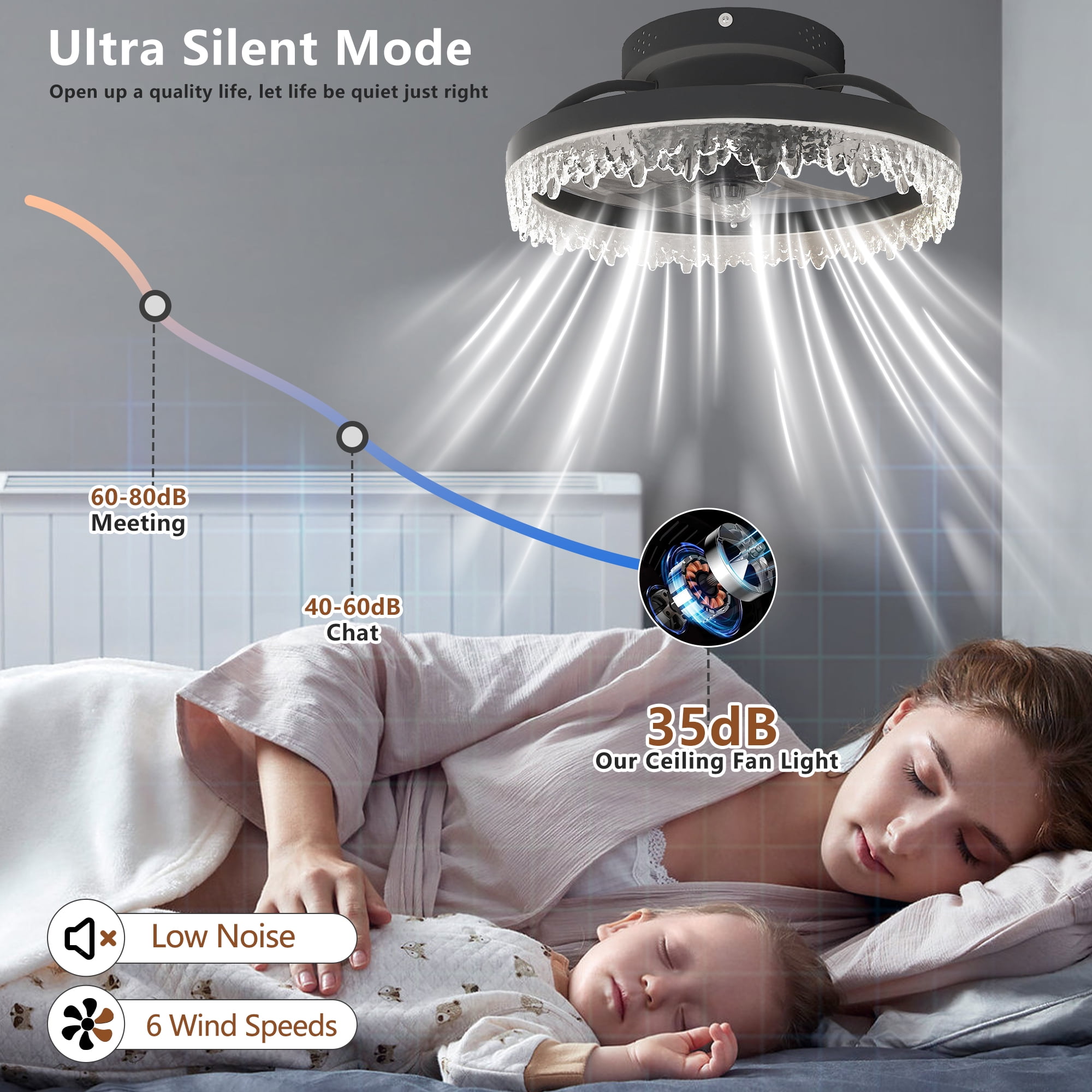 Low Profile Ceiling Fan with Lights and Remote, 15.7 Inch Black Flush Mount Fandelier, Dimmable 3-Color LED Crystal Fan for Bedroom