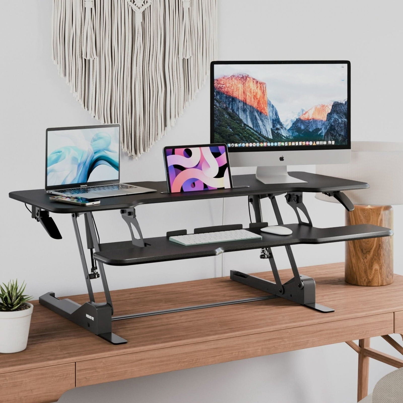 47 Inch Large Standing Desk Converter – Extra Wide Sit Stand Riser with Keyboard Tray, Dual Monitor Space, Gas Spring Height Adjustable – Ergonomic Desktop Workstation for Home or Office