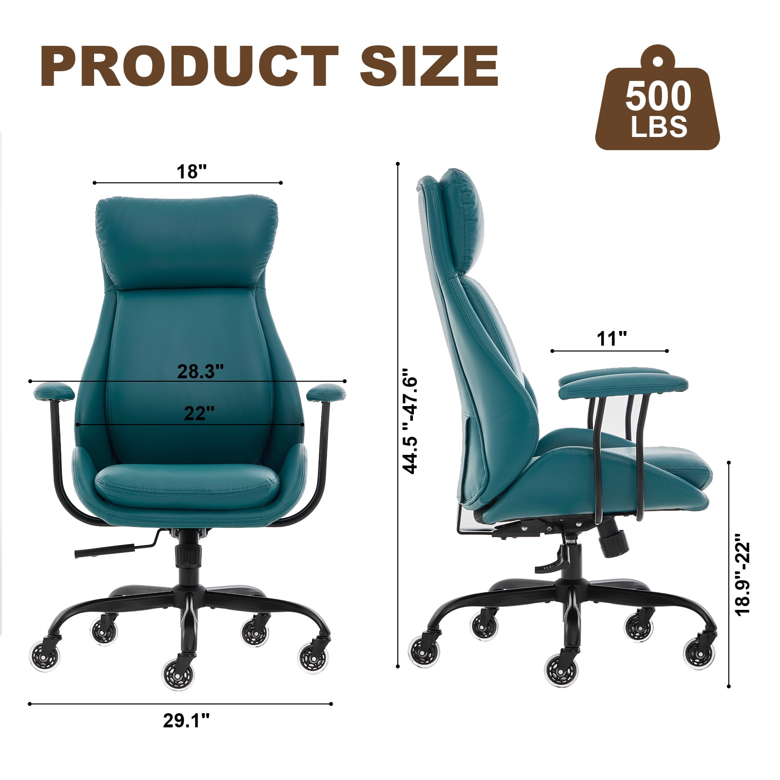 E-Motie Home Office Desk Chair, Ergonomic Computer Chair with Lumbar Support and Head Support, High Back Office Chair with Armrests, Adjustable Height, Rubber Casters, Green Leather