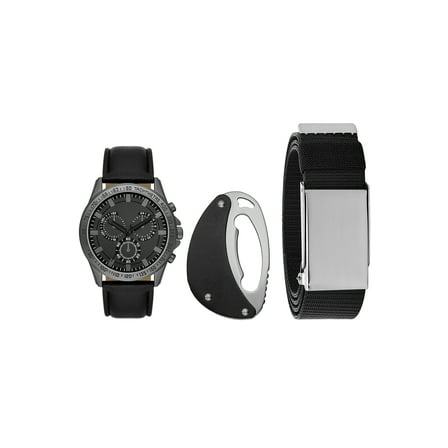 Folio Men's Gunmetal Tone Round Analog Watch with Black Faux Leather Strap, Black Multi-tool and Black Nylon Belt with Silver Buckle Gift Set FMDAL1149)