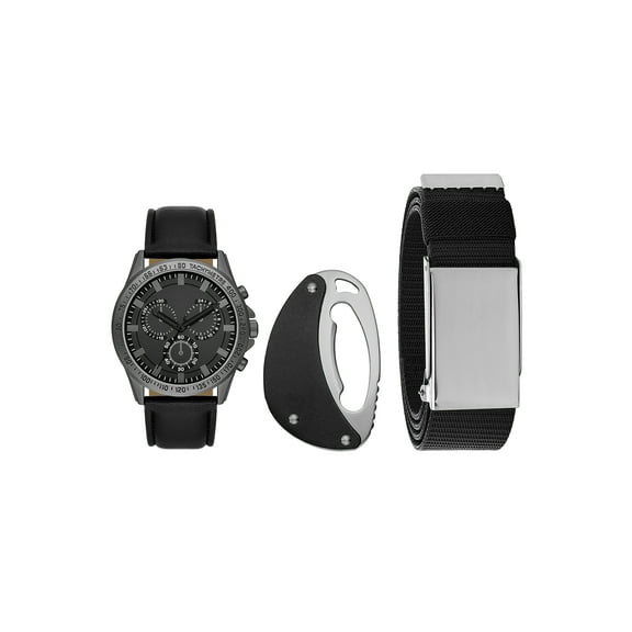 Folio Men's Gunmetal Tone Round Analog Watch with Black Faux Leather Strap, Black Multi-tool and Black Nylon Belt with Silver Buckle Gift Set FMDAL1149)
