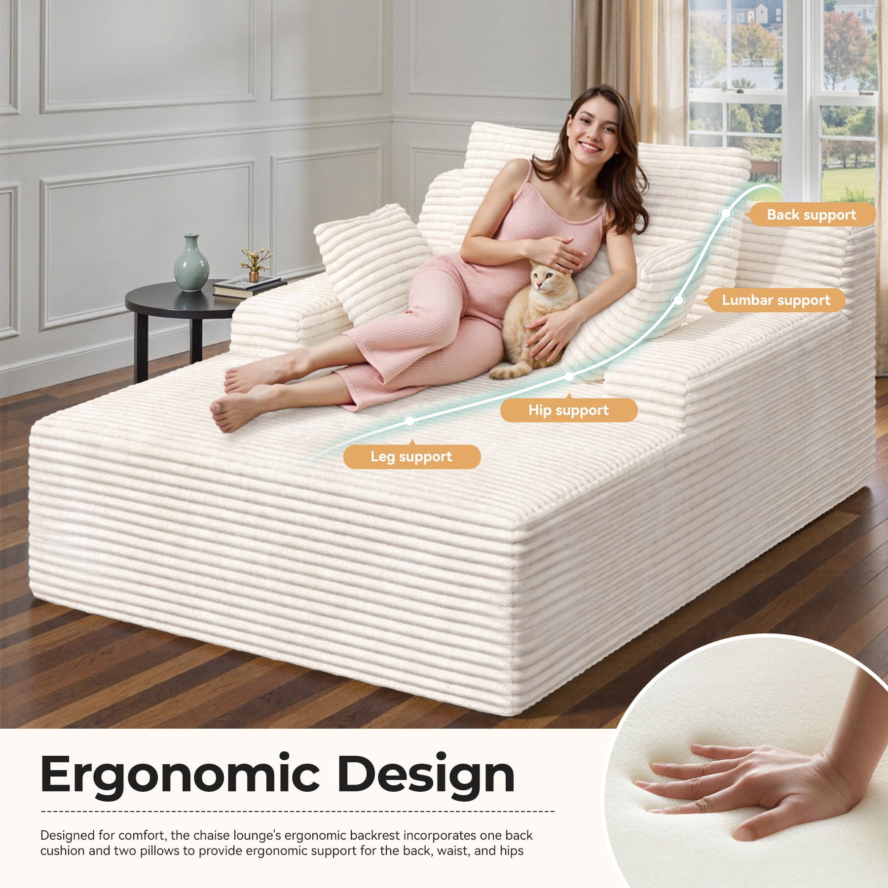 MOONMISS 68" Oversize Chaise Lounge Chair Indoor,Comfy Non-assembly Sofa Couches With 3 Pillows,Beige