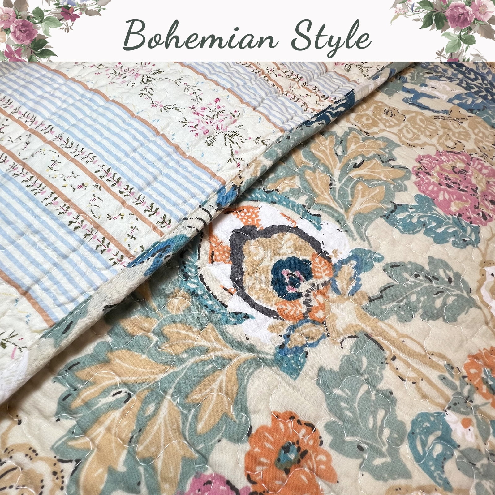 Cozy Line Home Fashions Luxury Classic Floral Bohemian Style 3-Piece 100% Cotton Reversible Quilt Set, King Set