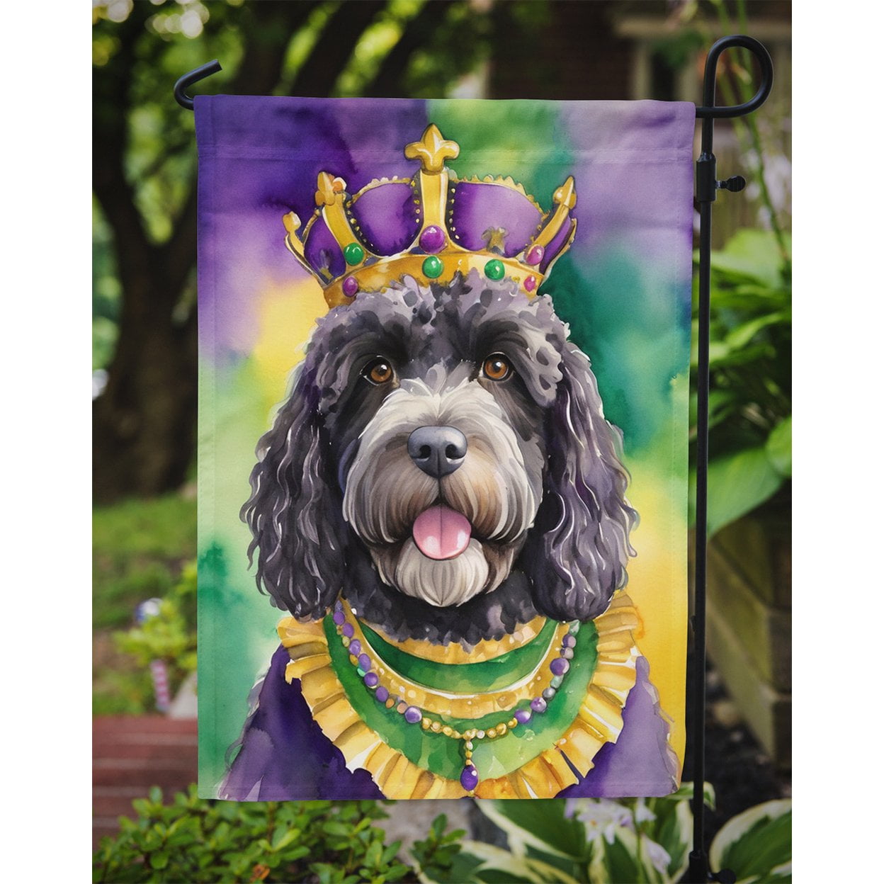 Portuguese Water Dog King of Mardi Gras Garden Flag 11.25 in x 15.5 in