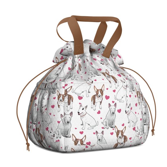 Bull Terriers and Hearts Drawstring Lunch Bag Women - Drawstring Lunch Bag Insulated for Work Office - Stain-Resistant Large Lunchbags for Women with Multi-Pockets