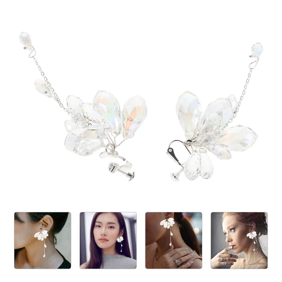 OFFIGAM 1Pair Rhinestone Clip on Earrings Featuring Transparent Crystal Tassel for Wedding