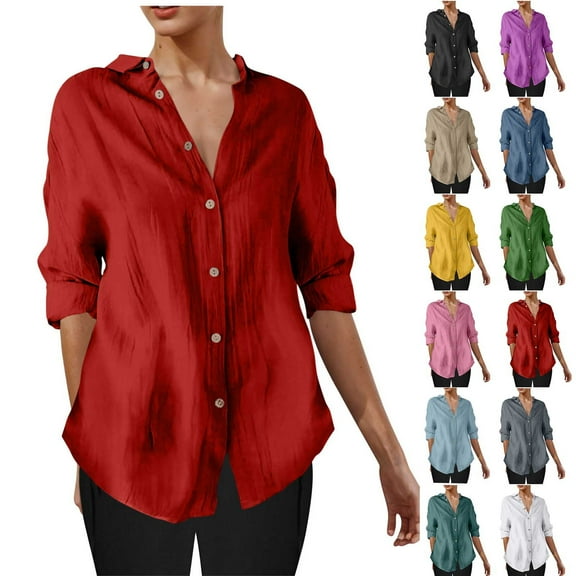 BiZtdJrK Button Down Shirts for Women Plus Size V Neck 3/4 Sleeve Blouses Loose Fit Dressy Casual Shirt Fashion Street Tunic Tops Black L