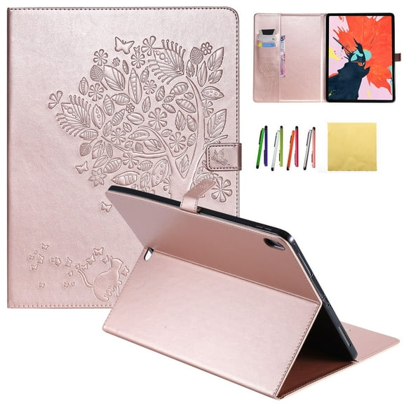 iPad Pro 12.9 2018 Case, Allytech Embossed Cat & Tree PU Leather Stand Folio Wallet Case Cover with Credit Card Slots for New Apple iPad Pro 12.9 Inch 3rd Gen 2018 Release, Rosegold
