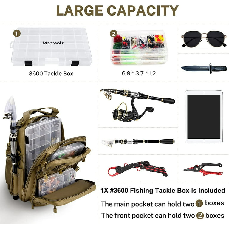 Fishing Tackle Bag with 1x 3600 Tackle Box, Water-Resistant Fishing Backpack  with Removable Shoulder Strap, Outdoor Shoulder Backpack Tackle Bag with Rod  Holder 