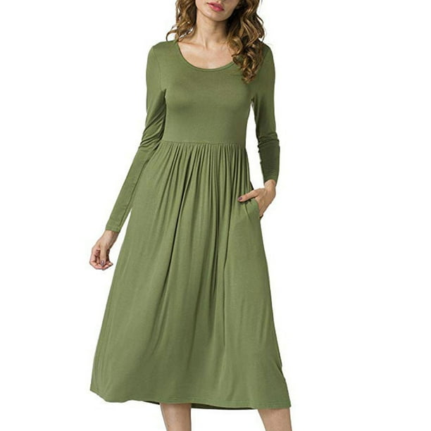 Vestido elegante de manga larga para mujer, vestido de manga larga, redondo, manga larga, vestidos fluidos, vestido de mujer con cuello redondo hasta la rodilla, elegante y estético