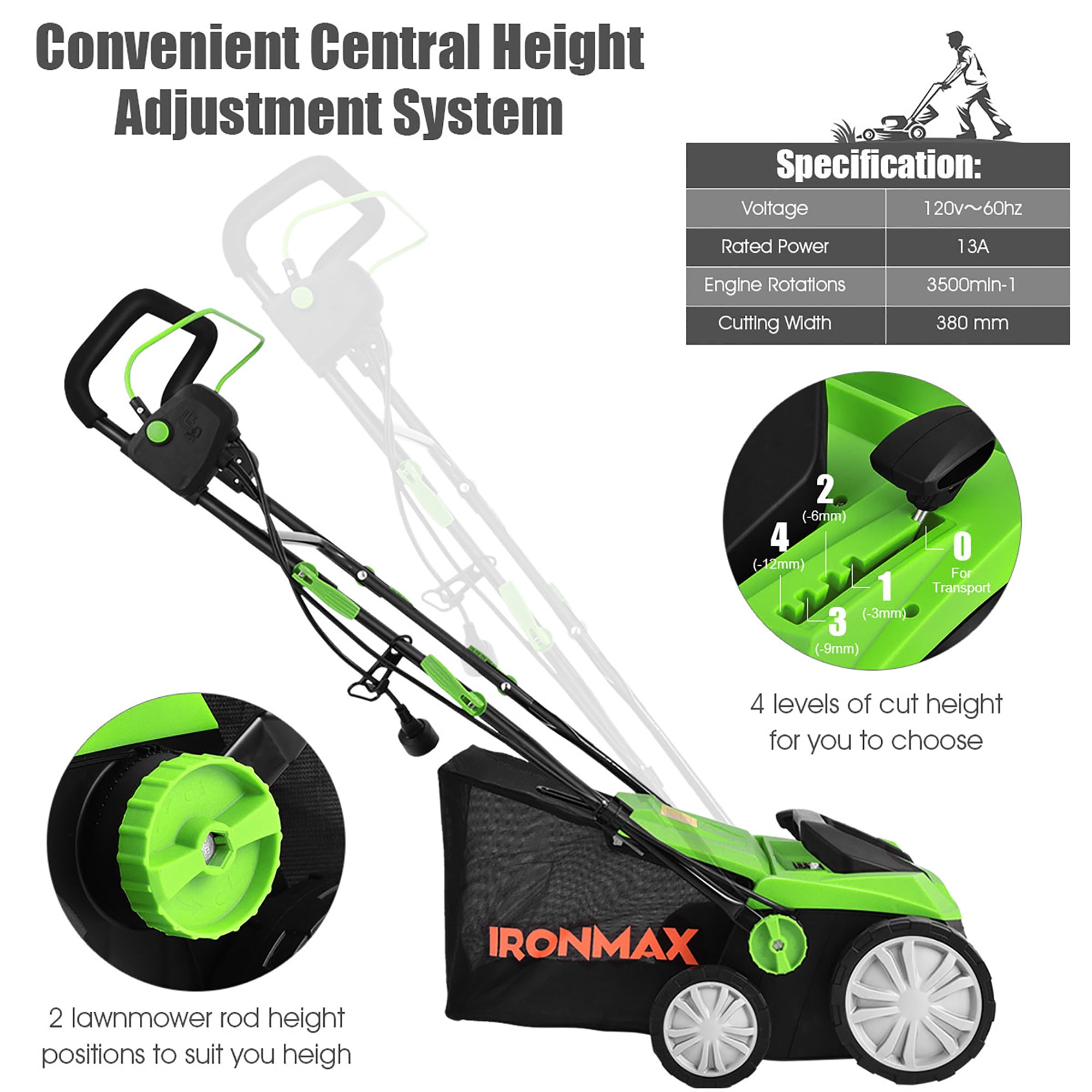 IronMax 13Amp Corded Scarifier Width 15" Electric Lawn Dethatcher w/50L Collection Bag Green