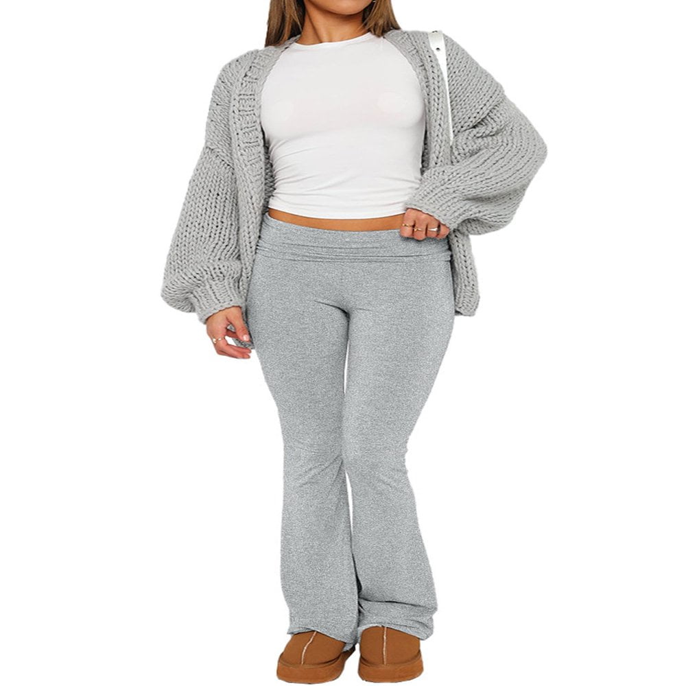 Generic Women Fold Over Waistband Stretchy Yoga Pants Flared Pants Leggings Grey S